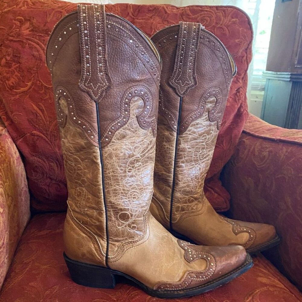 JB Dillon Silver Stud Tooled Leather Cowboy Boots Women Size 8.5B